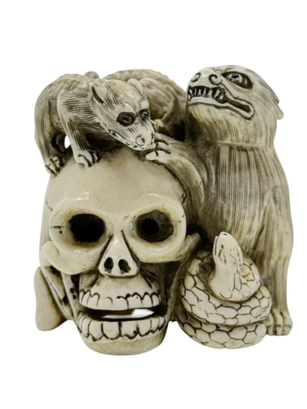 Meiji period Memento Mori carved ivory Skull snake possum netsuke okimono